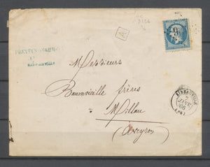 1866 ENV. N°22, 20c. bleu Obl GC 3126 + CAD Ribeauville + Boite Urbaine. N1417