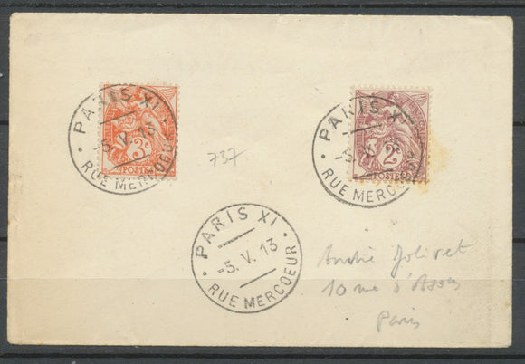 5 mai 1913 Cachet d'essai RUE MERCOEUR sur 2c et 3c type Blanc Rare P3734