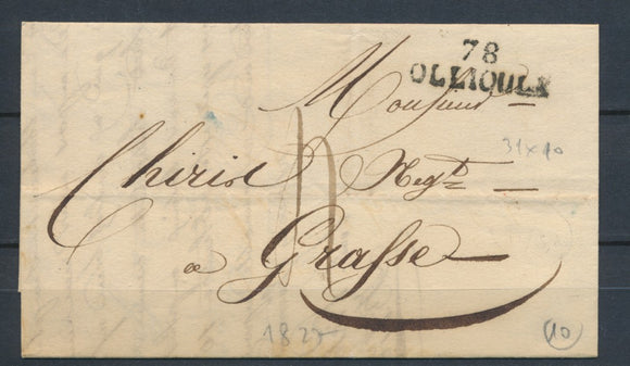 1827 Lettre Marque linéaire 78 OLLIOULE 31x10mm VAR(78) TB. P4126