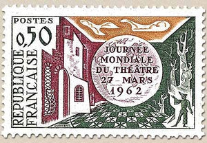 Journée mondiale du théâtre. 50c. Vert foncé, jaune et carmin Y1334