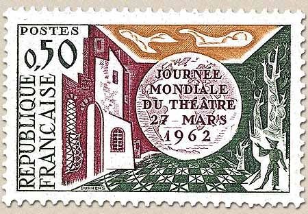 Journée mondiale du théâtre. 50c. Vert foncé, jaune et carmin Y1334