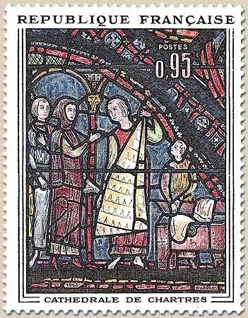 Oeuvres d'art. Les marchands de fourrures, vitrail de la cathédrale de Chartres  95c. Polychrome Y1399