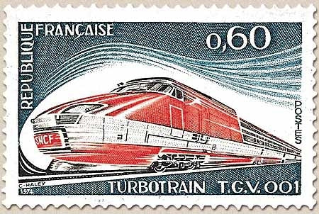 Série Grandes réalisations. Turbotrain TGV 001.  60c. Bleu-gris, rouge et sépia Y1802