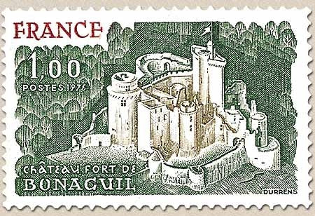 Série touristique. Château fort de Bonaguil 1f. Vert foncé, bistre et brun-rouge Y1871