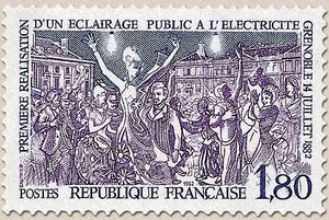 Première réalisation d'un éclairage public à l'électricité - Grenoble 14 juillet 1882. Evocation. 1f.80 Y2224