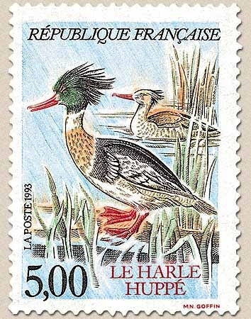 Série Nature de France. Espèces protégées de canards. Harle huppé  5f. Multicolore Y2788