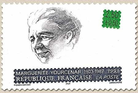 Personnages célèbres. Ecrivains français. Marguerite Yourcenar (1903-1987)  2f.50 + 50c. Bleu, vert et noir Y2804