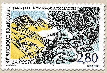 Hommage aux Maquis. Maquisards en embuscade, et convoi ennemi  2f.80 noir, vert, jaune et bleu Y2876