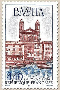 Série touristique. Bastia. Le vieux port et l'église Saint-Jean-Baptiste  4f.40 brun et bleu Y2893