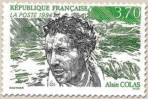 Hommage à Alain Colas (1943-1978) Portrait, mer déchaînée  3f.70 vert clair, noir et vert foncé Y2913