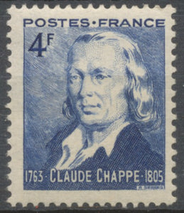 Sesquicentenaire du télégraphe optique. Claude Chappe (1763-1805), ingénieur.  4f. Bleu Neuf luxe ** Y619