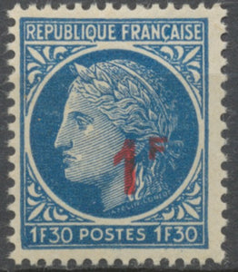 Timbre de 1945-47 (Cérès, no 678) surchargé : 1f. Sur 1f.30 bleu ( R) Neuf luxe ** Y791